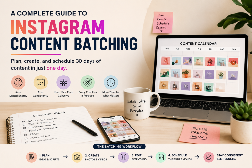 Instagram content batching guide showing a laptop content calendar, content planning notes, smartphone, and a step-by-step workflow for planning, creating, editing, and scheduling social media posts.