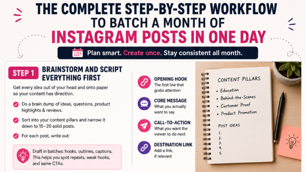 Infographic showing a four-step workflow for batching a month of Instagram posts in one day: brainstorm and script content, shoot photos and videos, edit and polish everything, and schedule the entire month.