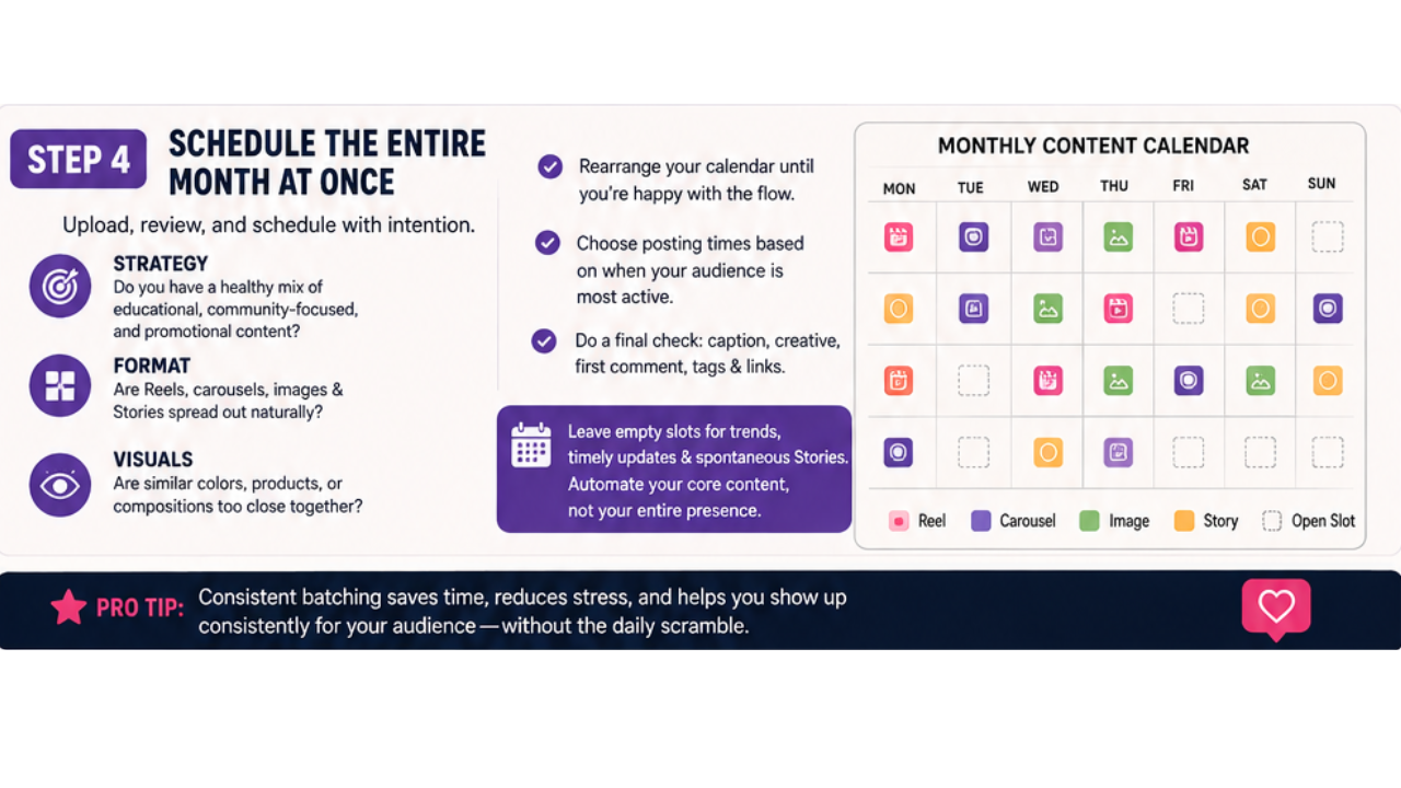 Infographic showing a four-step workflow for batching a month of Instagram posts in one day: brainstorm and script content, shoot photos and videos, edit and polish everything, and schedule the entire month.