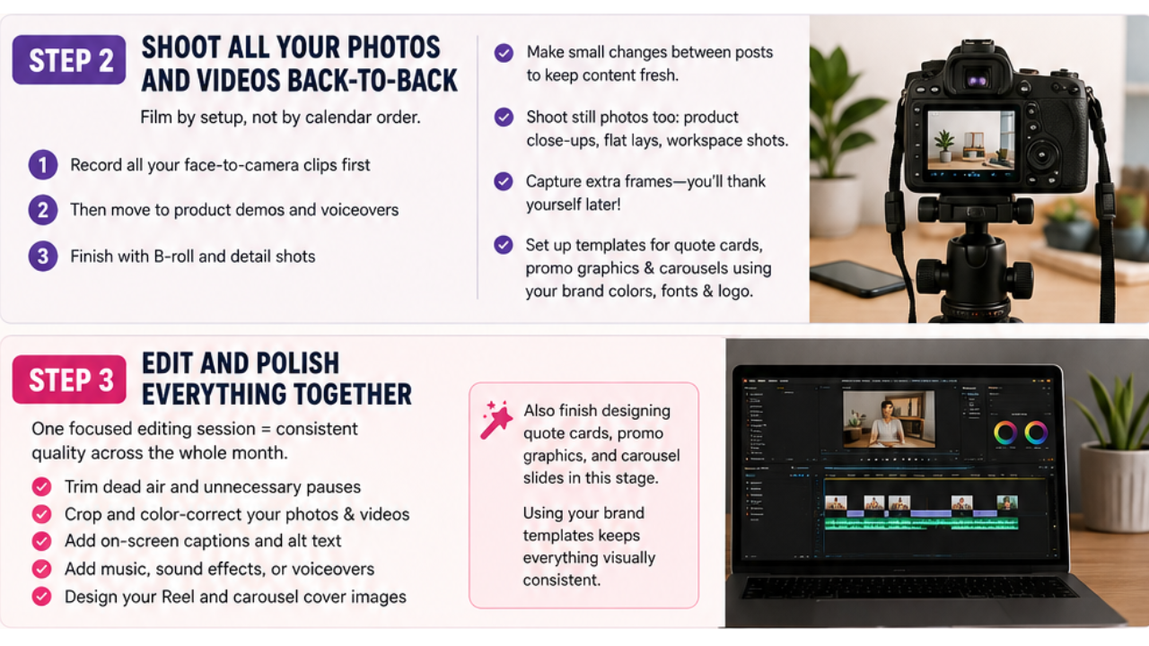Infographic showing a four-step workflow for batching a month of Instagram posts in one day: brainstorm and script content, shoot photos and videos, edit and polish everything, and schedule the entire month.